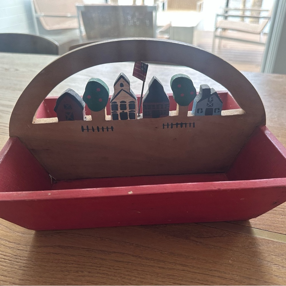 Red Wooden Decorative Basket with Village Design